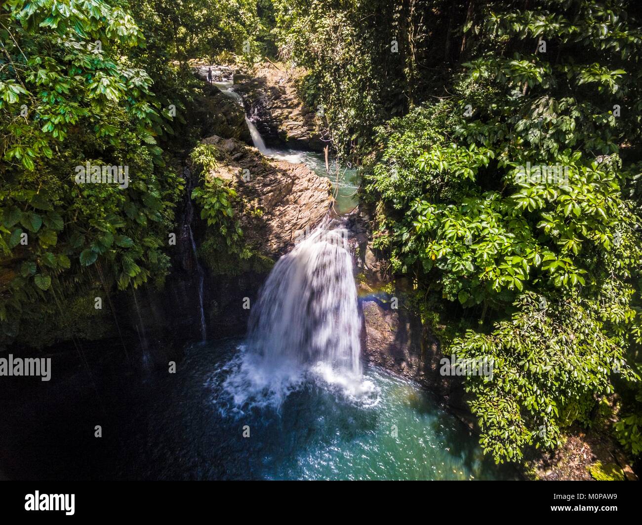 France,Caribbean,Lesser Antilles,Guadeloupe,Basse-Terre,Petit-Bourg,Heights Lézarde,aerial view of the Saut de la Lézarde and its basin in the heart of the tropical forest (aerial view) Stock Photo