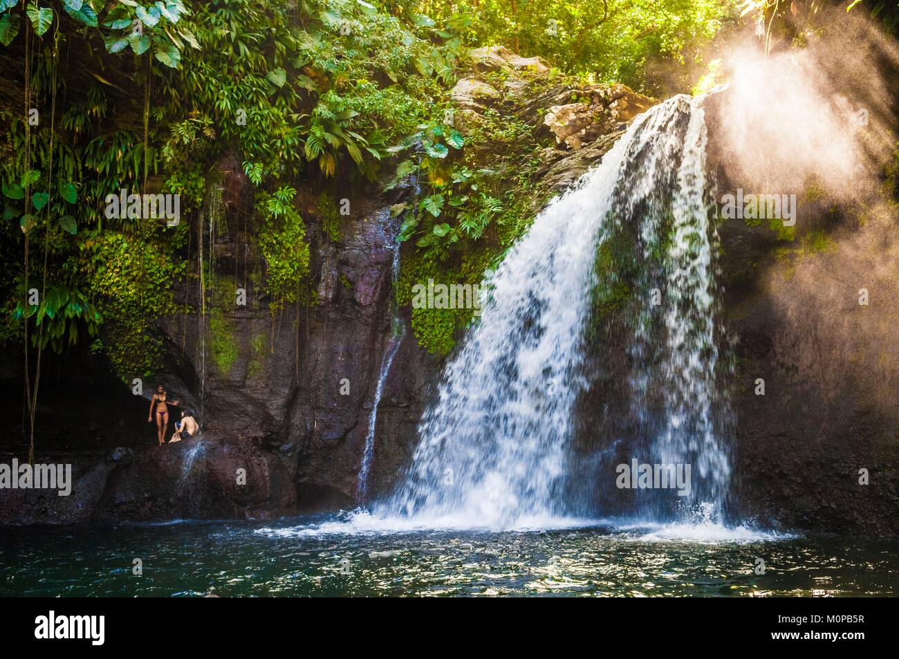 France,Caribbean,French West Indies,Guadeloupe,Basse-Terre,Petit-Bourg,Hauteurs Lézarde,the Saut de la Lézarde basin,the circular cliff,excavated over the centuries by the ascents of the successive waters,offers a natural passageway to plunge into the emerald pool Stock Photo