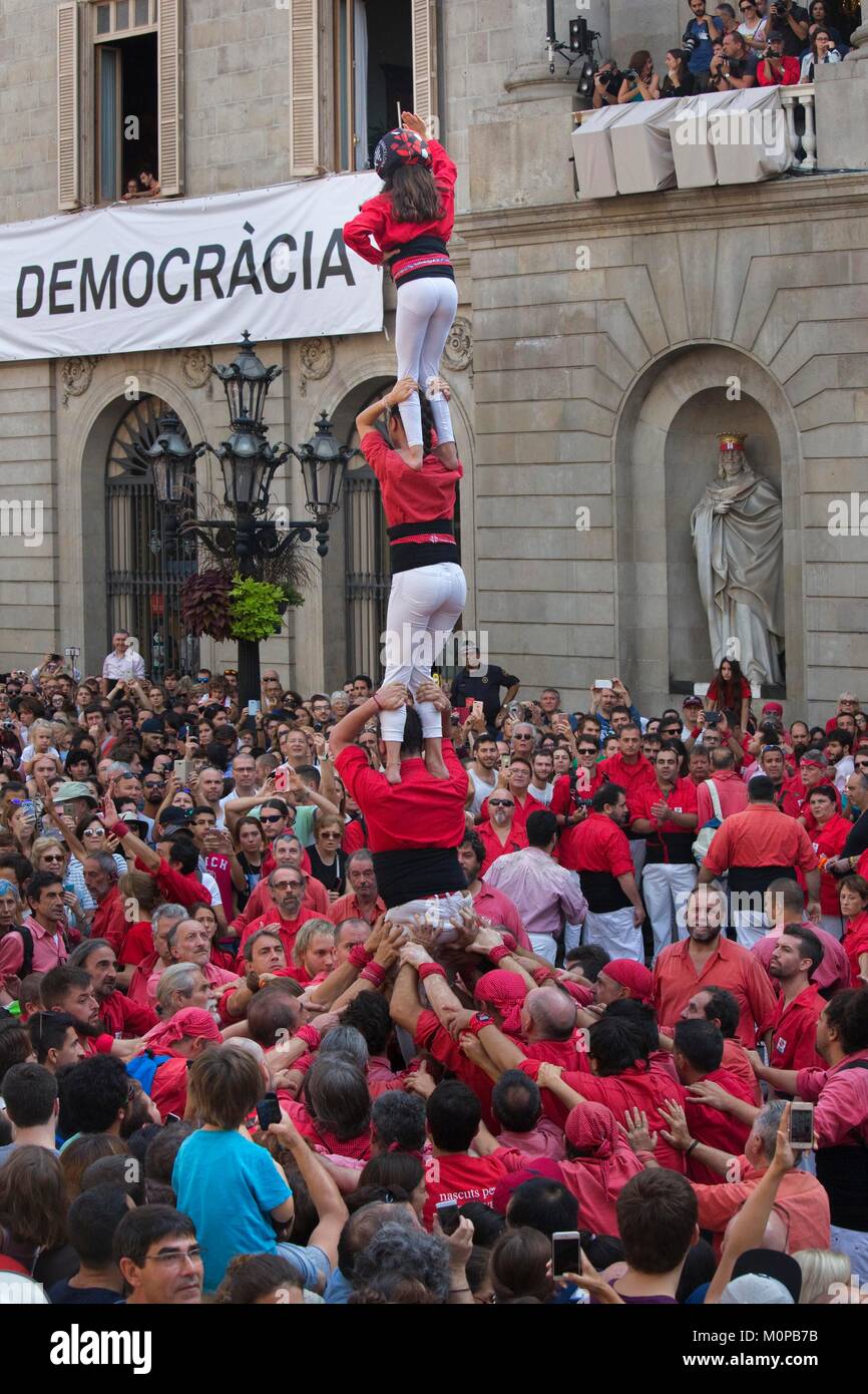 Spain,Catalonia,Barcelona,Festivities of La Mercè,Gòtic district,Castellers,Human Castles,Plaça Sant Jaume,Sant Jaume square Stock Photo