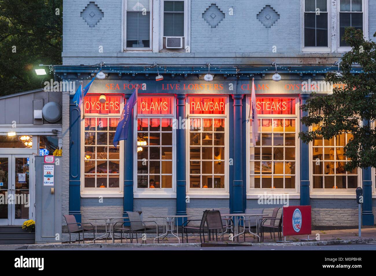 United States,New York,Hudson Valley,Kingston,Rondout Historic District,seafood restaurant,dusk Stock Photo