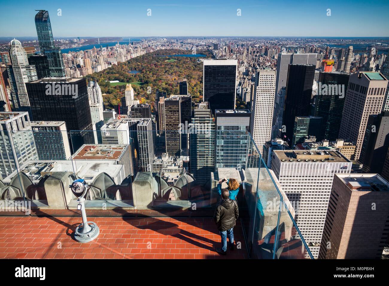 United States,New York,New York City,Mid-Town Manhattan,elevated view of Central Park and visitors to the Top of The Rock rooftop Stock Photo