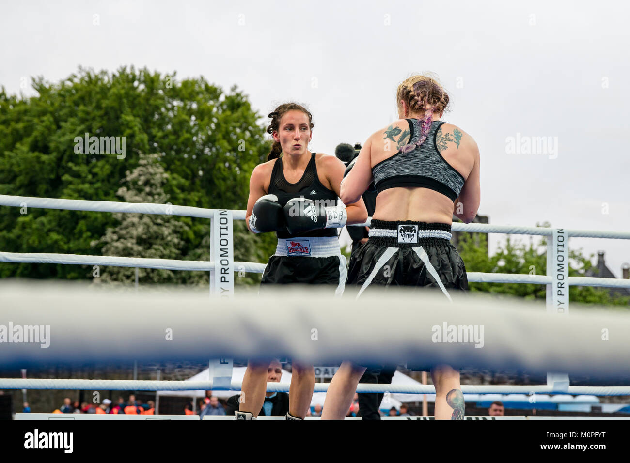Norway, Bergen - June 09, 2017. The Icelandic boxer Valgerdur Gudsteinsdottir (R) fights the Hungarian boxer Marianna Gulyas (L) in the ring during the fight The Battle of Bergen in Bergen. (Photo credit: Gonzales Photo - Jarle H. Moe). Stock Photo