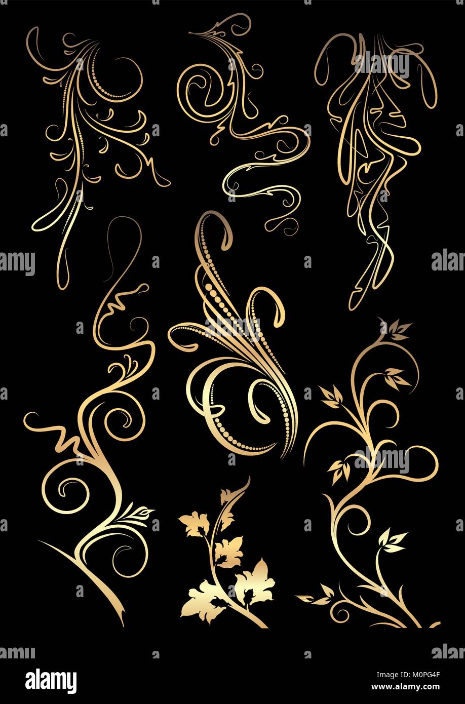 Set of golden floral elements on a black background for your design ...