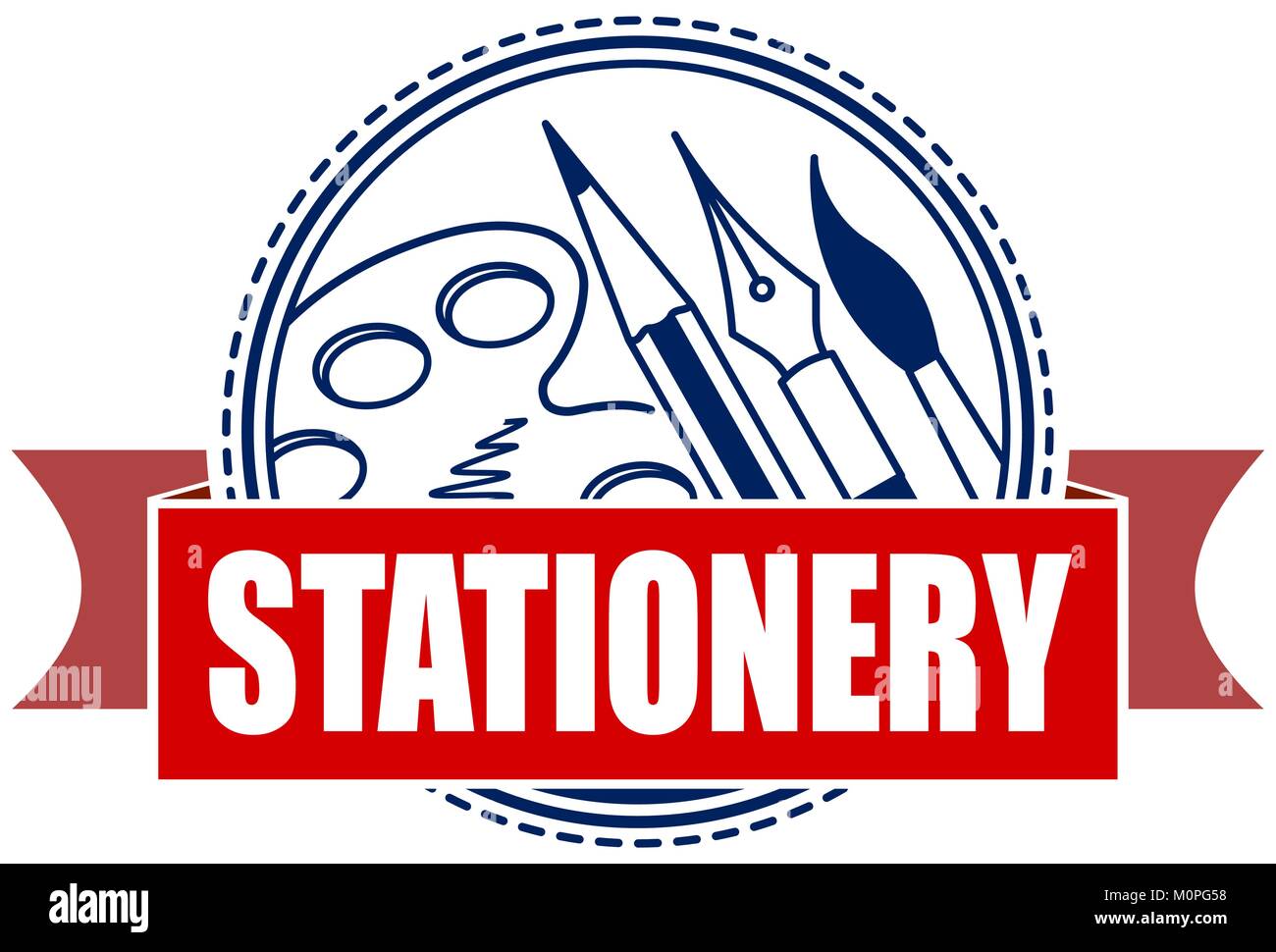 Stationery flat vector icon with banner, stylized image of pen, pencil, brush and palette. Stock Vector
