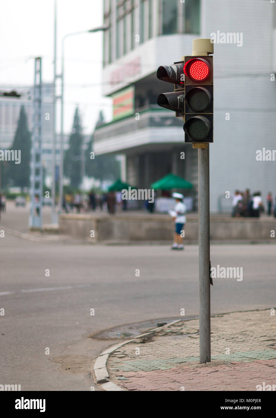 Red traffic light in the street, Pyongan Province, Pyongyang, North