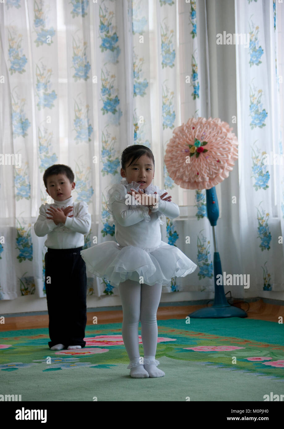 Young couple of North Korean ballet dancers children in Kim Jong suk school, Pyongan Province, Pyongyang, North Korea Stock Photo