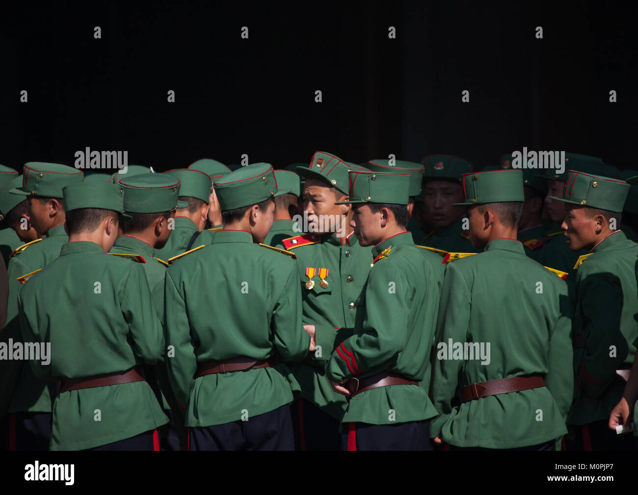 Group of North Korean soldiers in green uniforms, Pyongan Province
