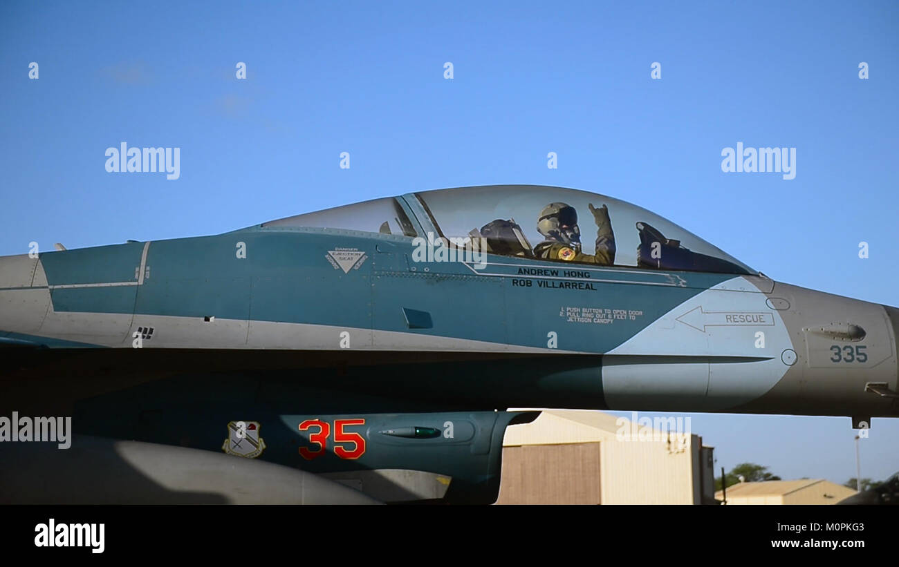 U.S. Air Force Lt. Col. Travis Ruhl, an 18th Aggressor Squadron pilot, taxis to the runway Jan. 11, 2018, during exercise Sentry Aloha 18-1 at Joint Base Pearl Harbor-Hickam, Hawaii. Stock Photo