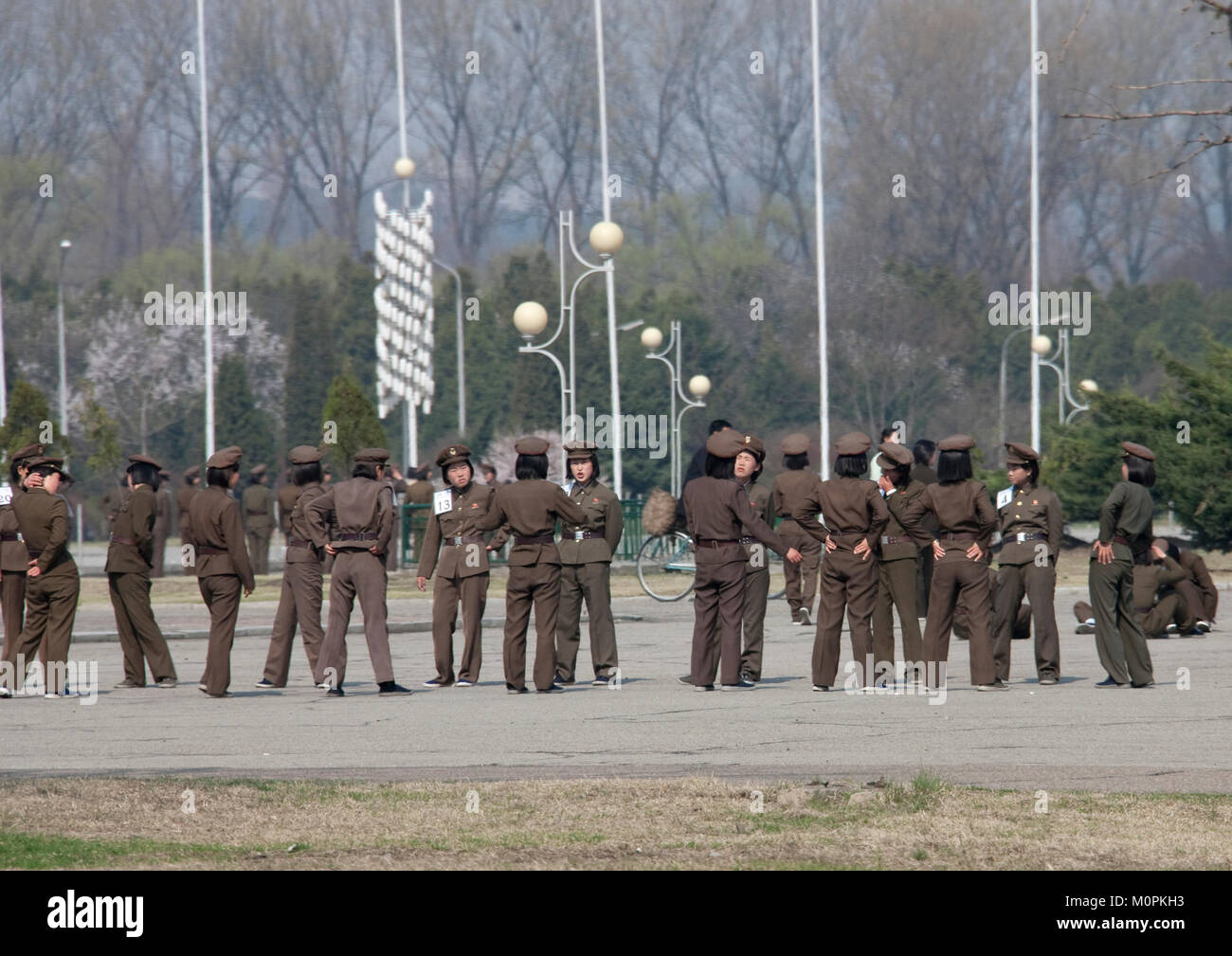 Women army soldiers in the street making morning exercise group, Pyongan Province, Pyongyang, North Korea Stock Photo