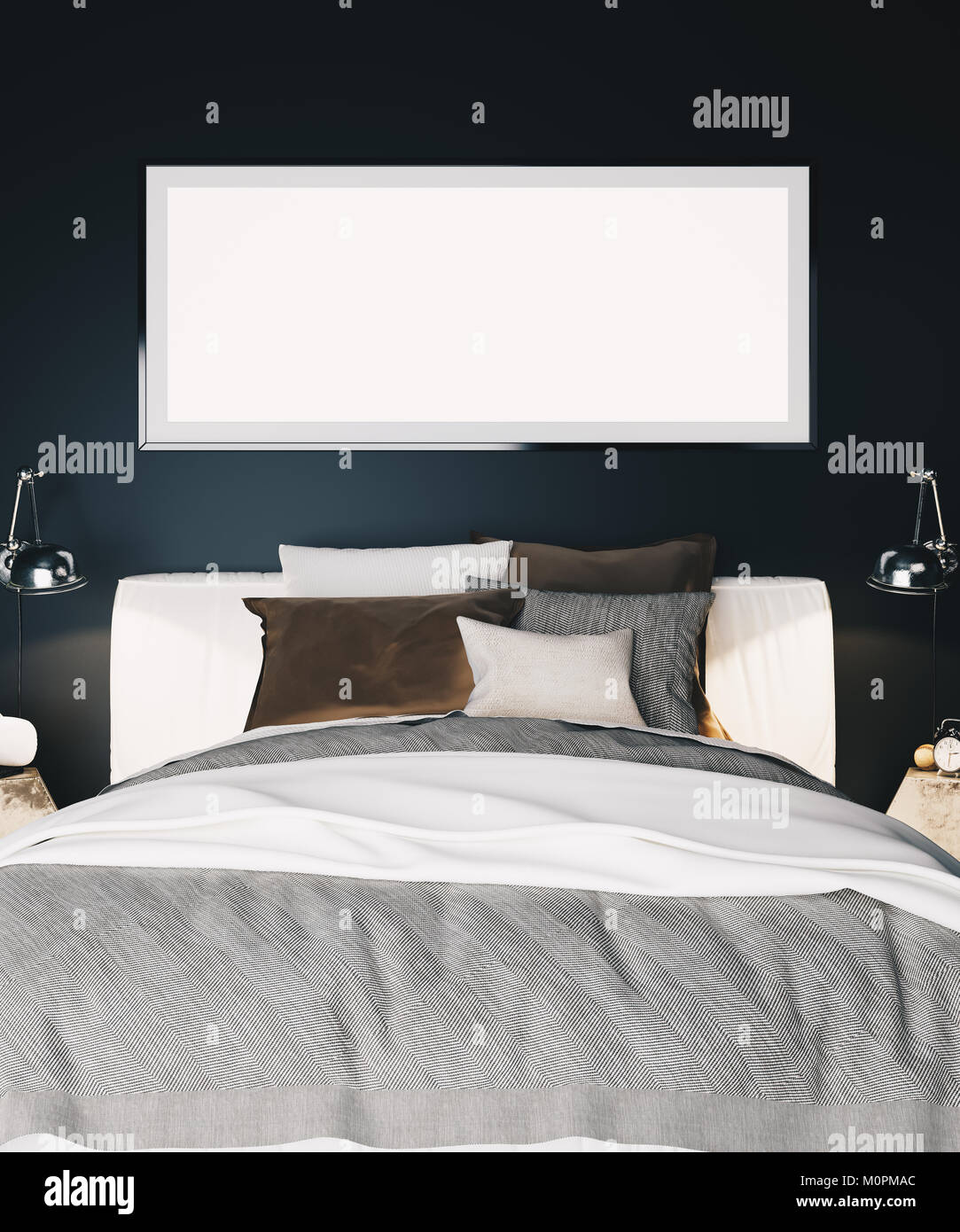 Interior Of A Modern Luxury Bedroom With Black Walls Bed