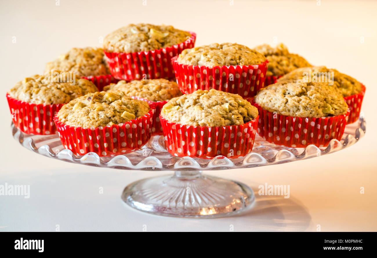 Close up of glass cake stand with homemade muffins in red polka dot paper cases Stock Photo Alamy