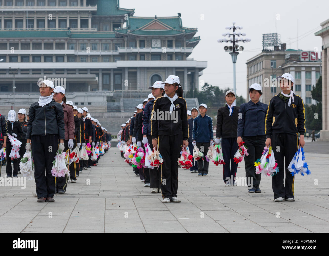 Young North Korean women during a mass games rehearsal in Kim il Sung ...