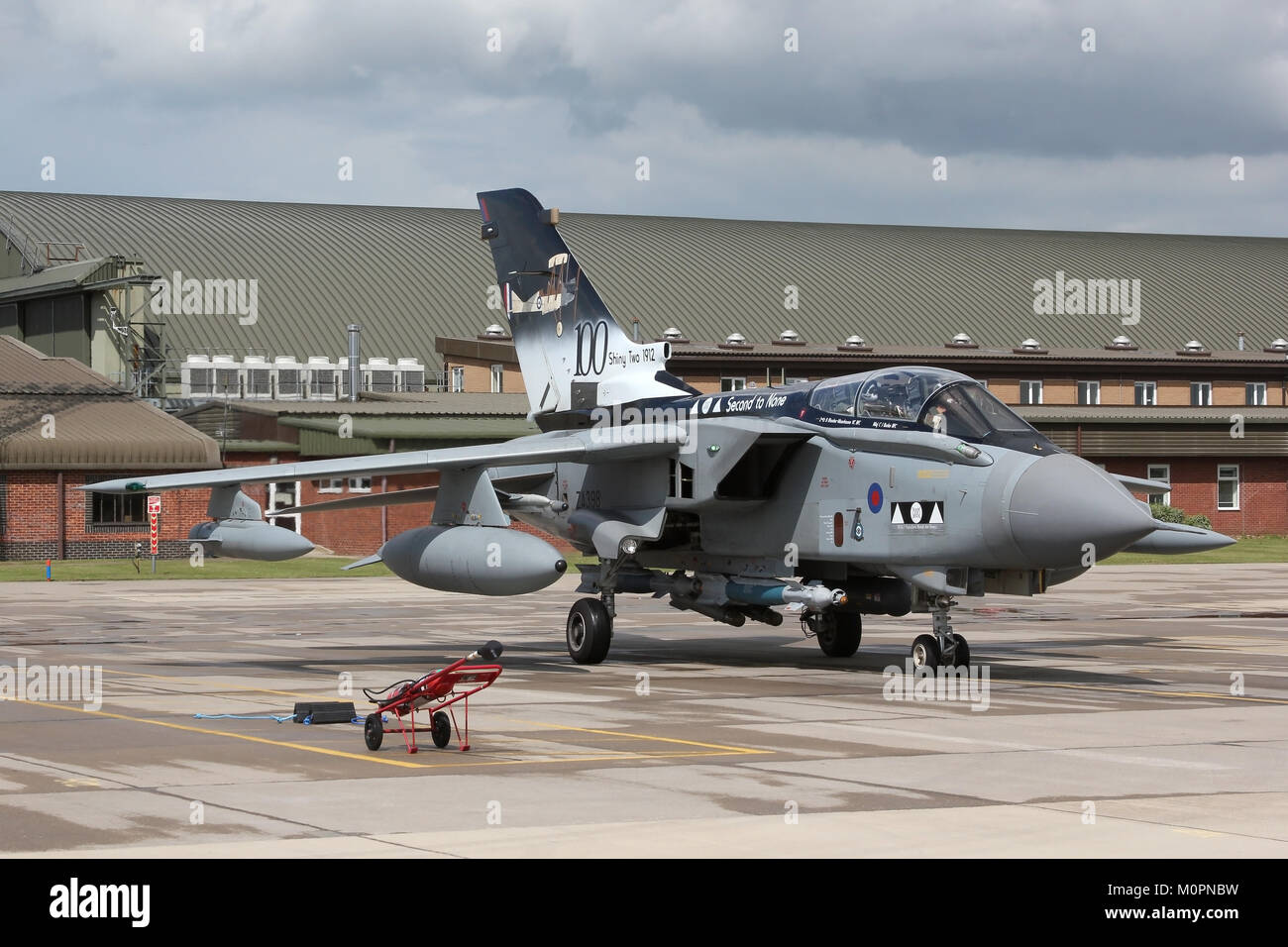 The Tornado GR4A operated by 2 Squadron at RAF Marham marked for their 100th anniversary taxiing in during a visit to RAF Coningsby. Stock Photo