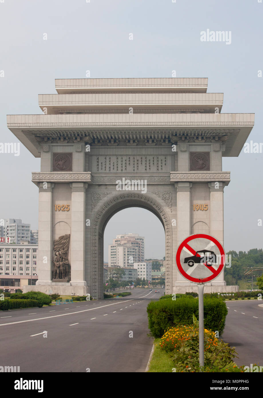 Pyongyang Highway Sign Road forbidden to cars signroad in front of the arch of triumph ...
