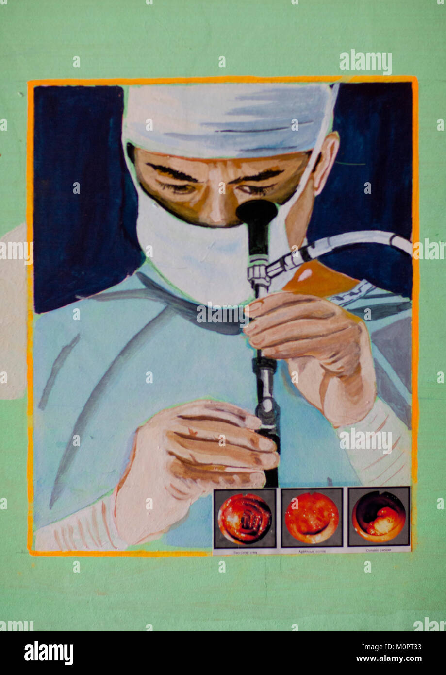 Poster depicting a North Korean doctor looking in an endoscope in a