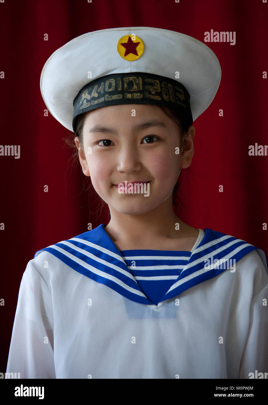 North Korean girl with a navy sailor uniform for a school show, Pyongan