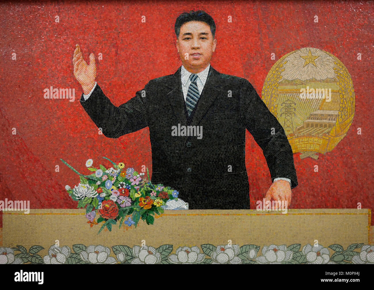 Kim il Sung on a propaganda mosaic in the subway, Pyongan Province ...