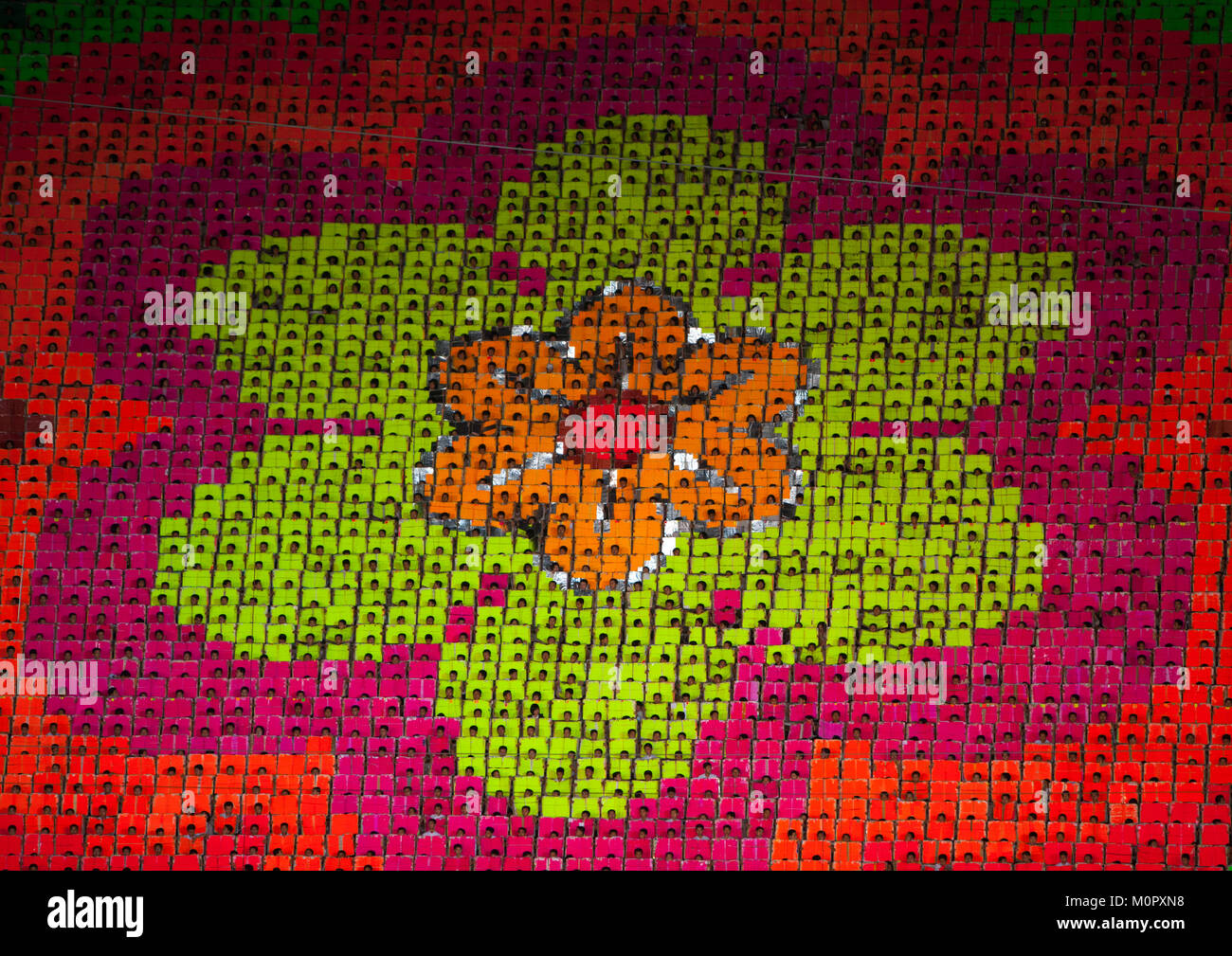 Flower made by children pixels holding up colored boards during Arirang mass games in may day stadium, Pyongan Province, Pyongyang, North Korea Stock Photo