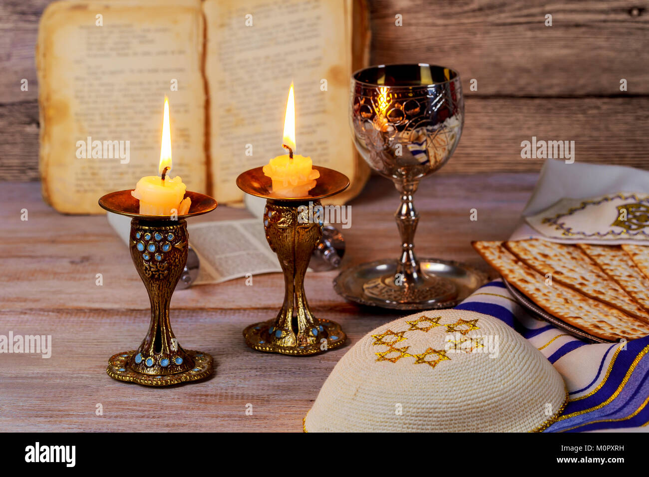 Shabbat Shalom - Traditional Jewish Sabbath matzah, and wine. ritual Stock Photo