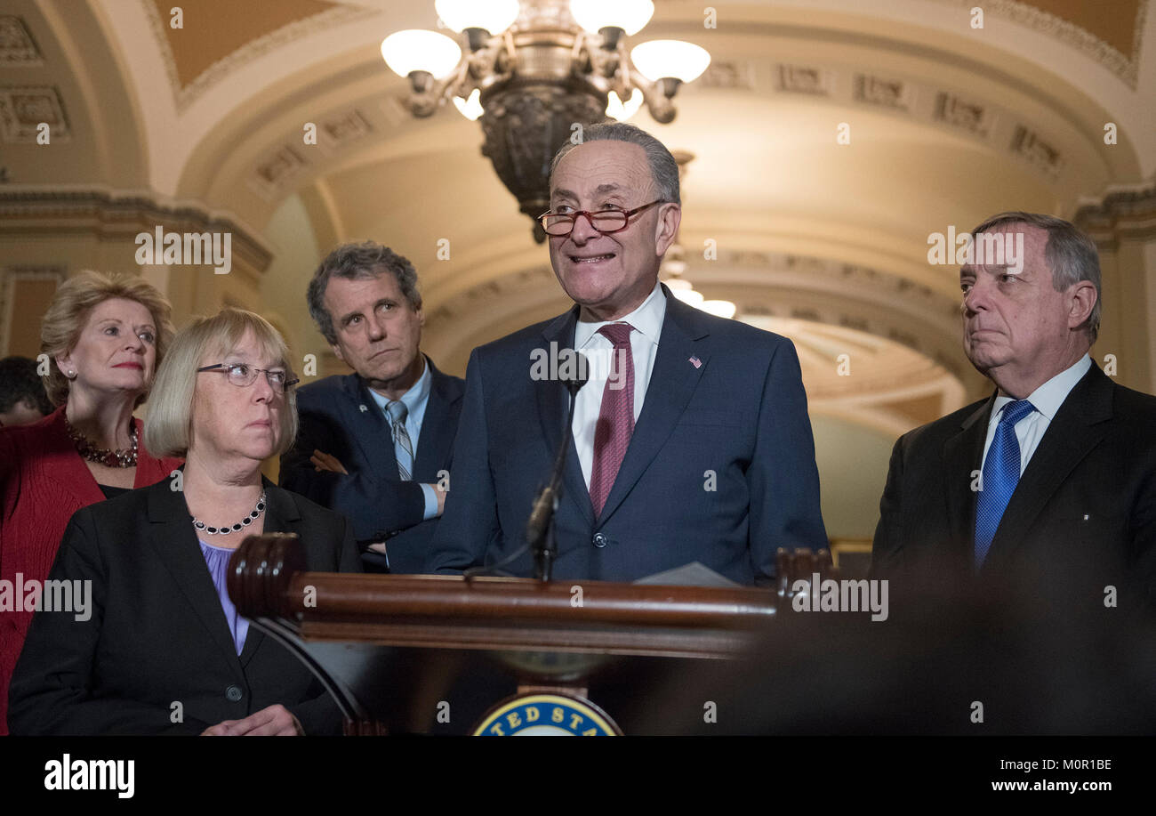 Washington, United States Of America. 23rd Jan, 2018. United States Senate Minority Leader Chuck Schumer (Democrat of New York) make remarks following the Democratic Party policy luncheon in the US Capitol in Washington, DC on Tuesday, January 23, 2018. Pictured from left to right: US Senator Debbie Stabenow (Democrat of Michigan), US Senator Patty Murray (Democrat of Washington), US Senator Sherrod Brown (Democrat of Ohio), Leader Schumer, and US Senator Dick Durbin (Democrat of Illinois). Credit: Ron Sachs/CNP/AdMedia/Newscom/Alamy Live News Stock Photo
