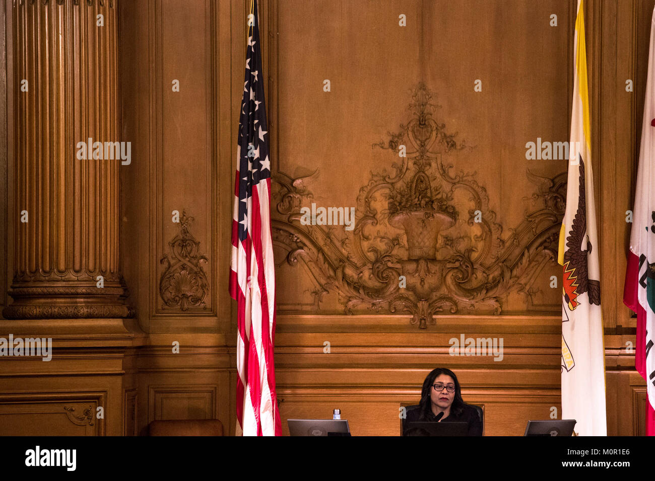 San Francisco, California, USA. 23rd Jan, 2018. Board of Supervisors President London Breed, who became acting mayor following the death of Mayor Edwin Lee, listens to public comment regarding the process of selecting an interim mayor during a Board of Supervisors meeting at City Hall in San Francisco, California. Late San Francisco Mayor Lee, 65, died of a heart attack on Dec. 12, 2017. Credit: Joel Angel Juarez/ZUMA Wire/Alamy Live News Stock Photo