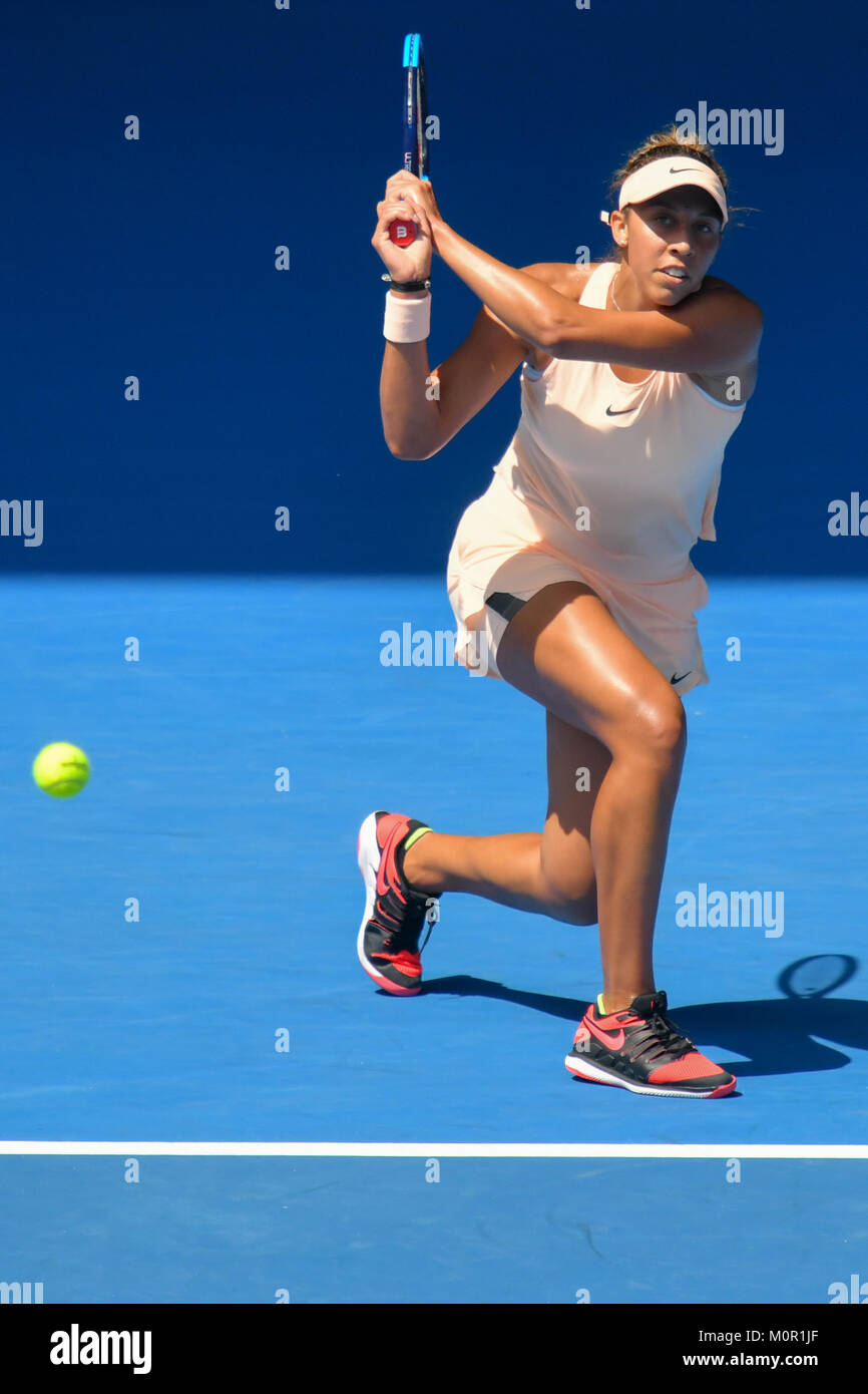 Melbourne, Australia. 23rd Jan, 2018. Seventeenth seed Madison Keys of the United States in action in a Quarterfinals match against twenty-first seed Angelique Kerber of Germany on day ten of the 2018 Australian Open Grand Slam tennis tournament in Melbourne, Australia. Kerber won 61 62. Sydney Low/Cal Sport Media/Alamy Live News Stock Photo