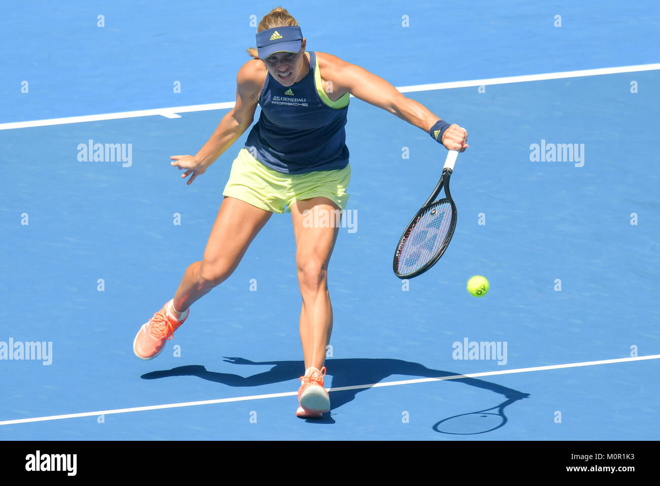 Melbourne, Australia. 23rd Jan, 2018. Twenty-first seed Angelique Kerber of Germany in action in a Quarterfinals match against seventeenth seed Madison Keys of the United States on day ten of the 2018 Australian Open Grand Slam tennis tournament in Melbourne, Australia. Kerber won 61 62. Sydney Low/Cal Sport Media/Alamy Live News Stock Photo