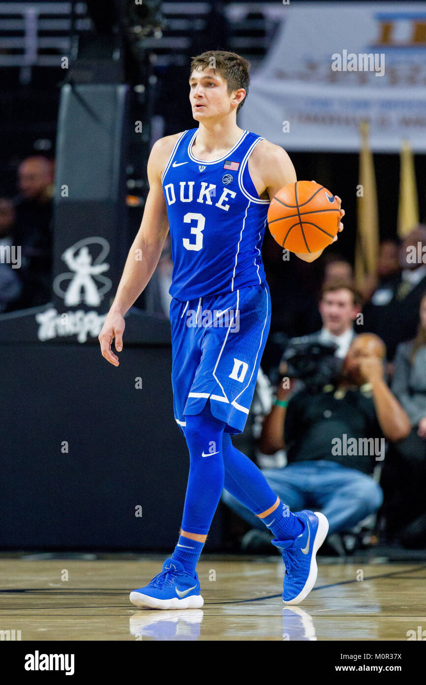 Winston-Salem, NC, USA. 23rd Jan, 2018. Duke Blue Devils guard Grayson Allen  (3) with the ball in the ACC Basketball matchup at LJVM Coliseum in  Winston-Salem, NC. (Scott Kinser/Cal Sport Media) Credit: