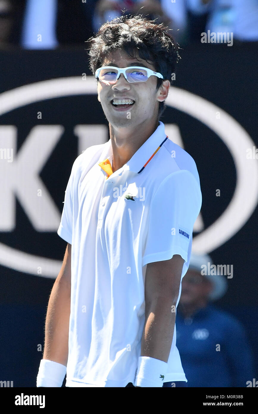 Melbourne, Australia. 23rd Jan, 2018. Hyeon Chung of South Korea celebrates after winning a Quarterfinals match against Tennys Sandgren of the United States on day ten of the 2018 Australian Open Grand Slam tennis tournament in Melbourne, Australia. Chung won 64 76 63. Sydney Low/Cal Sport Media/Alamy Live News Stock Photo