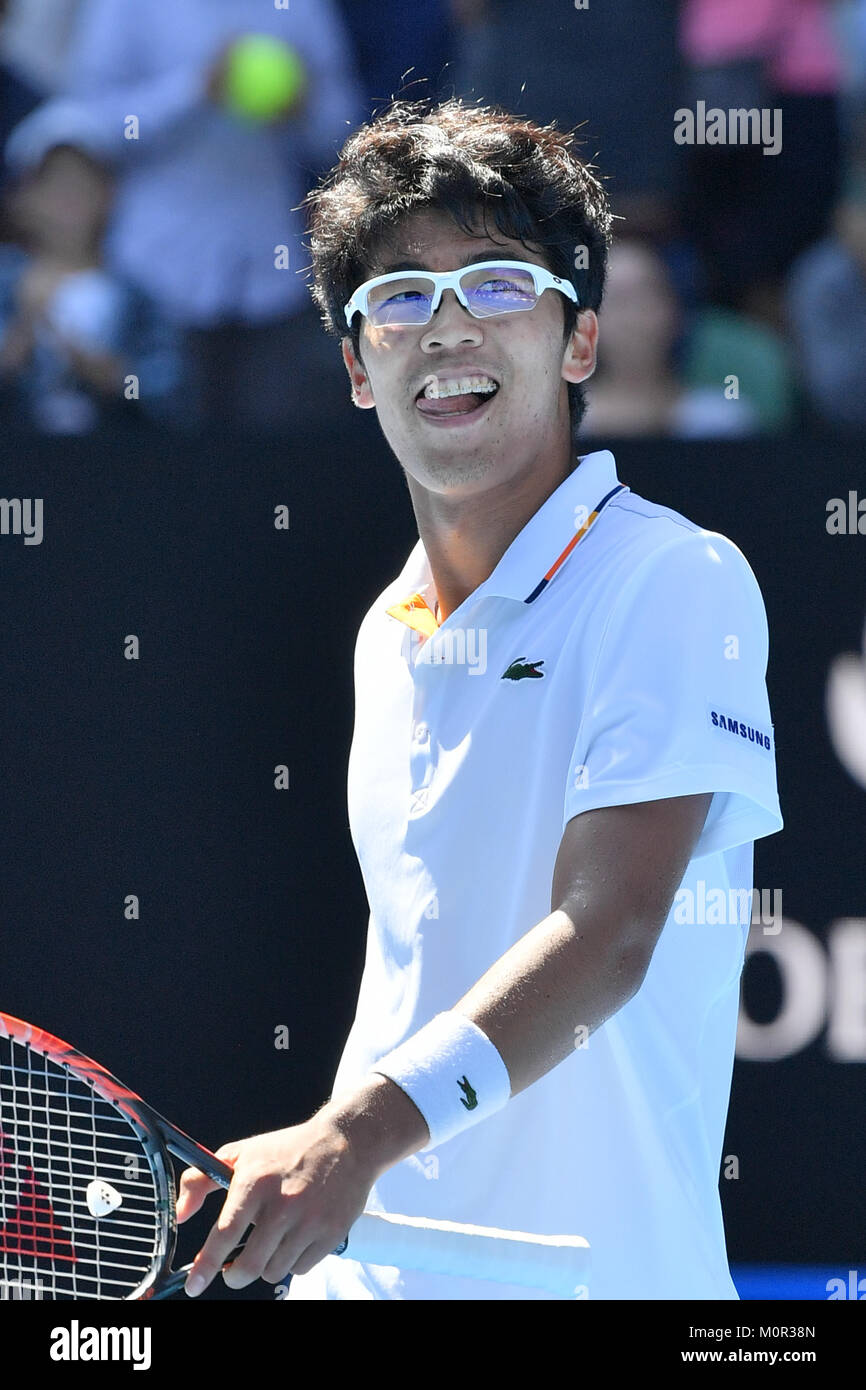 Melbourne, Australia. 23rd Jan, 2018. Hyeon Chung of South Korea celebrates after winning a Quarterfinals match against Tennys Sandgren of the United States on day ten of the 2018 Australian Open Grand Slam tennis tournament in Melbourne, Australia. Chung won 64 76 63. Sydney Low/Cal Sport Media/Alamy Live News Stock Photo