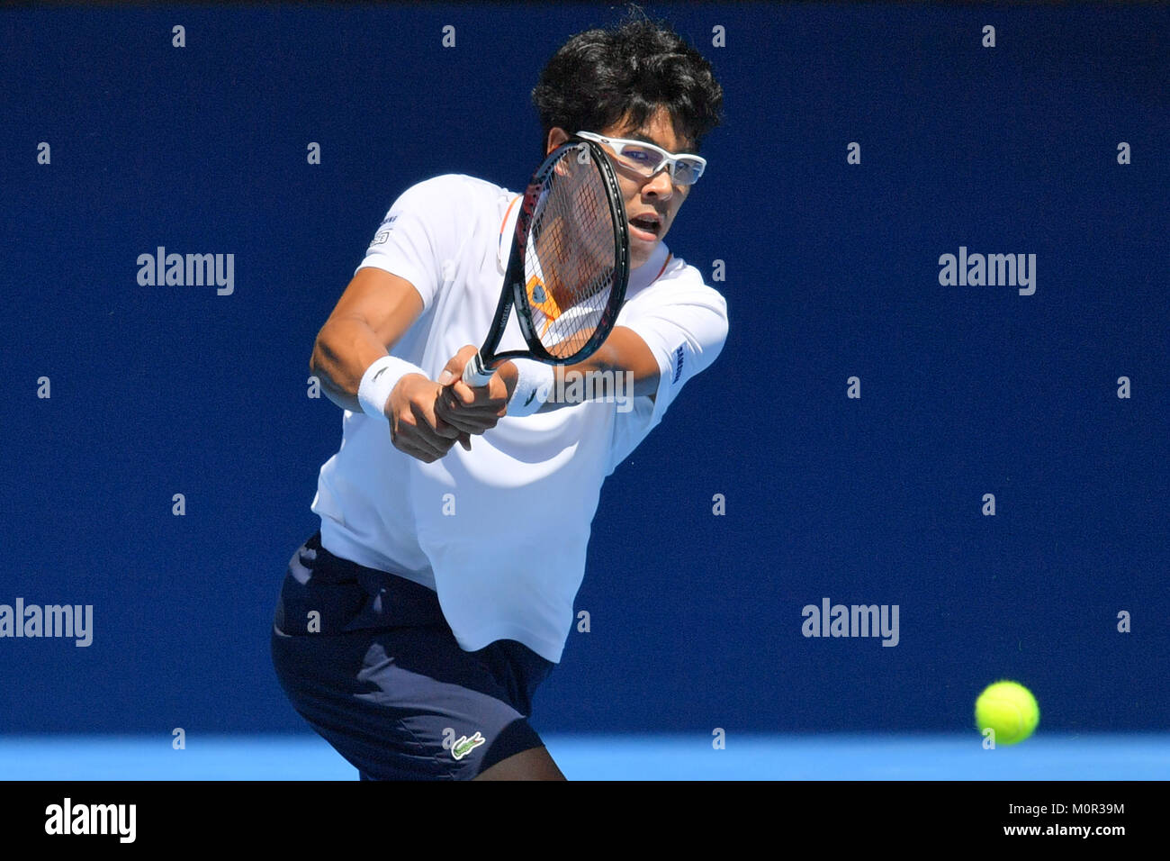 Melbourne, Australia. 23rd Jan, 2018. Hyeon Chung of South Korea in action in a Quarterfinals match against Tennys Sandgren of the United States on day ten of the 2018 Australian Open Grand Slam tennis tournament in Melbourne, Australia. Sydney Low/Cal Sport Media/Alamy Live News Stock Photo