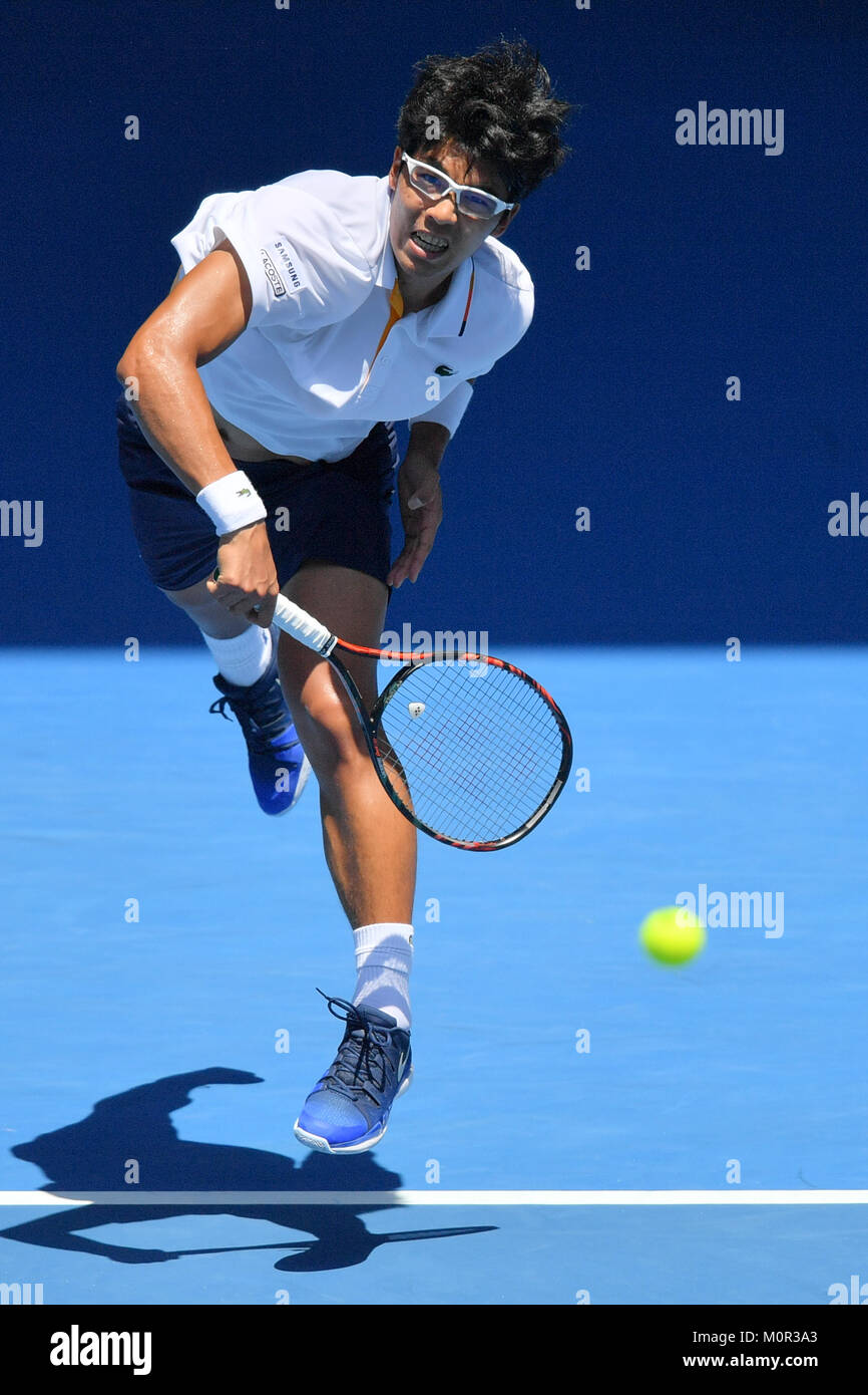 Melbourne, Australia. 23rd Jan, 2018. Hyeon Chung of South Korea in action in a Quarterfinals match against Tennys Sandgren of the United States on day ten of the 2018 Australian Open Grand Slam tennis tournament in Melbourne, Australia. Sydney Low/Cal Sport Media/Alamy Live News Stock Photo