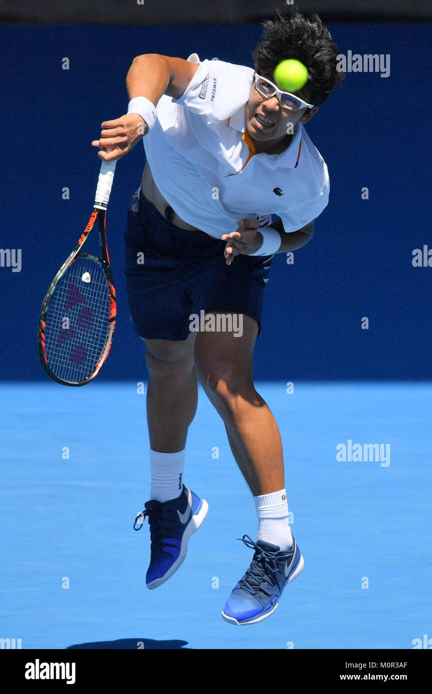 Melbourne, Australia. 23rd Jan, 2018. Hyeon Chung of South Korea in action in a Quarterfinals match against Tennys Sandgren of the United States on day ten of the 2018 Australian Open Grand Slam tennis tournament in Melbourne, Australia. Sydney Low/Cal Sport Media/Alamy Live News Stock Photo