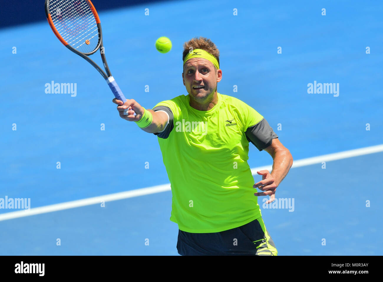 Melbourne, Australia. 23rd Jan, 2018. Tennys Sandgren of the United States in action in a Quarterfinals match against Hyeon Chung of South Korea on day ten of the 2018 Australian Open Grand Slam tennis tournament in Melbourne, Australia. Sydney Low/Cal Sport Media/Alamy Live News Stock Photo