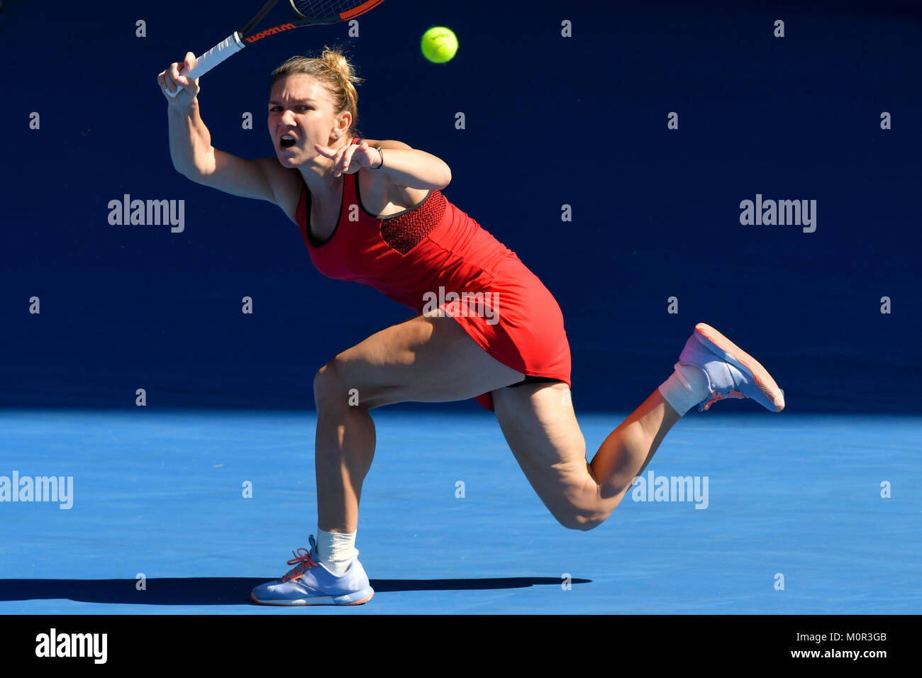 Melbourne, Australia. 24th Jan, 2018. Number one seed Simona Halep of Romania in action in a Quarterfinals match against number six seed Karolina Pliskova of the Czech Republic on day ten of the 2018 Australian Open Grand Slam tennis tournament in Melbourne, Australia. 63 62. Halep won Sydney Low/Cal Sport Media/Alamy Live News Stock Photo