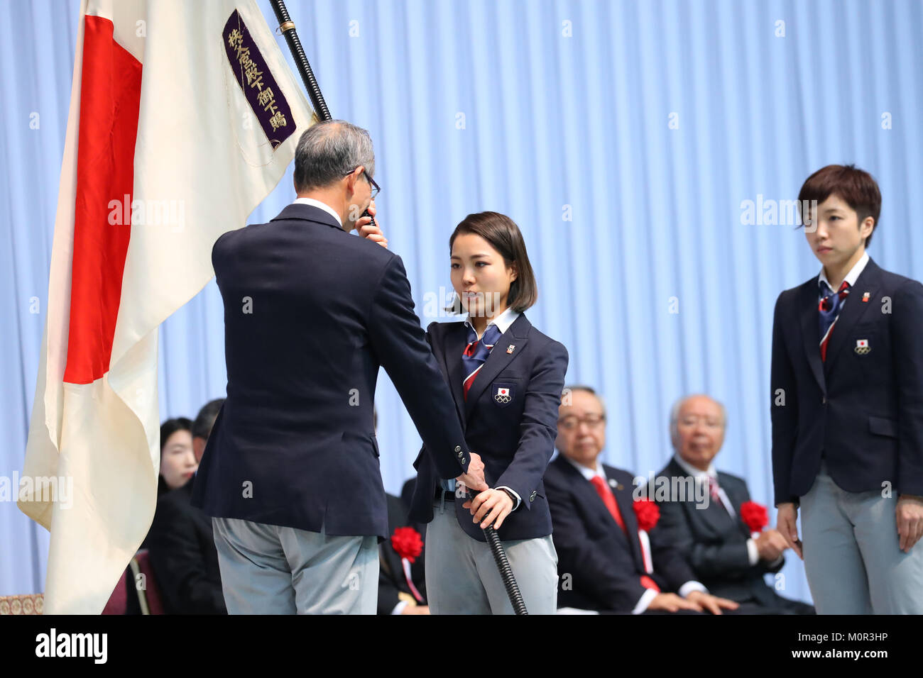 (L to R) Yasuo Saito, Sara Takanashi, Nao Kodaira (JPN), JANUARY 24, 2018 : Japan National Team Organization Ceremony for PyeongChang 2018 Olympic Winter Games in Tokyo, Japan. Credit: Yohei Osada/AFLO/Alamy Live News Stock Photo