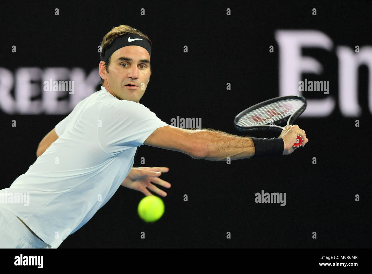 Melbourne, Australia. 24th Jan, 2018. Number two seed Roger Federer of Switzerland in action in a Quarterfinals match against number nineteen seed Tomas Berdych of the Czech Republic on day ten of the 2018 Australian Open Grand Slam tennis tournament in Melbourne, Australia. Sydney Low/Cal Sport Media/Alamy Live News Stock Photo