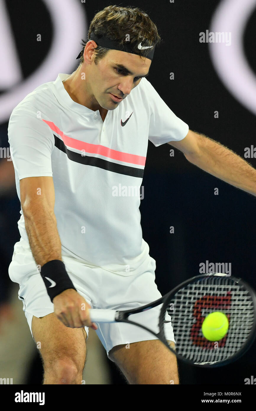 Melbourne, Australia. 24th Jan, 2018. Number two seed Roger Federer of Switzerland in action in a Quarterfinals match against number nineteen seed Tomas Berdych of the Czech Republic on day ten of the 2018 Australian Open Grand Slam tennis tournament in Melbourne, Australia. Sydney Low/Cal Sport Media/Alamy Live News Stock Photo