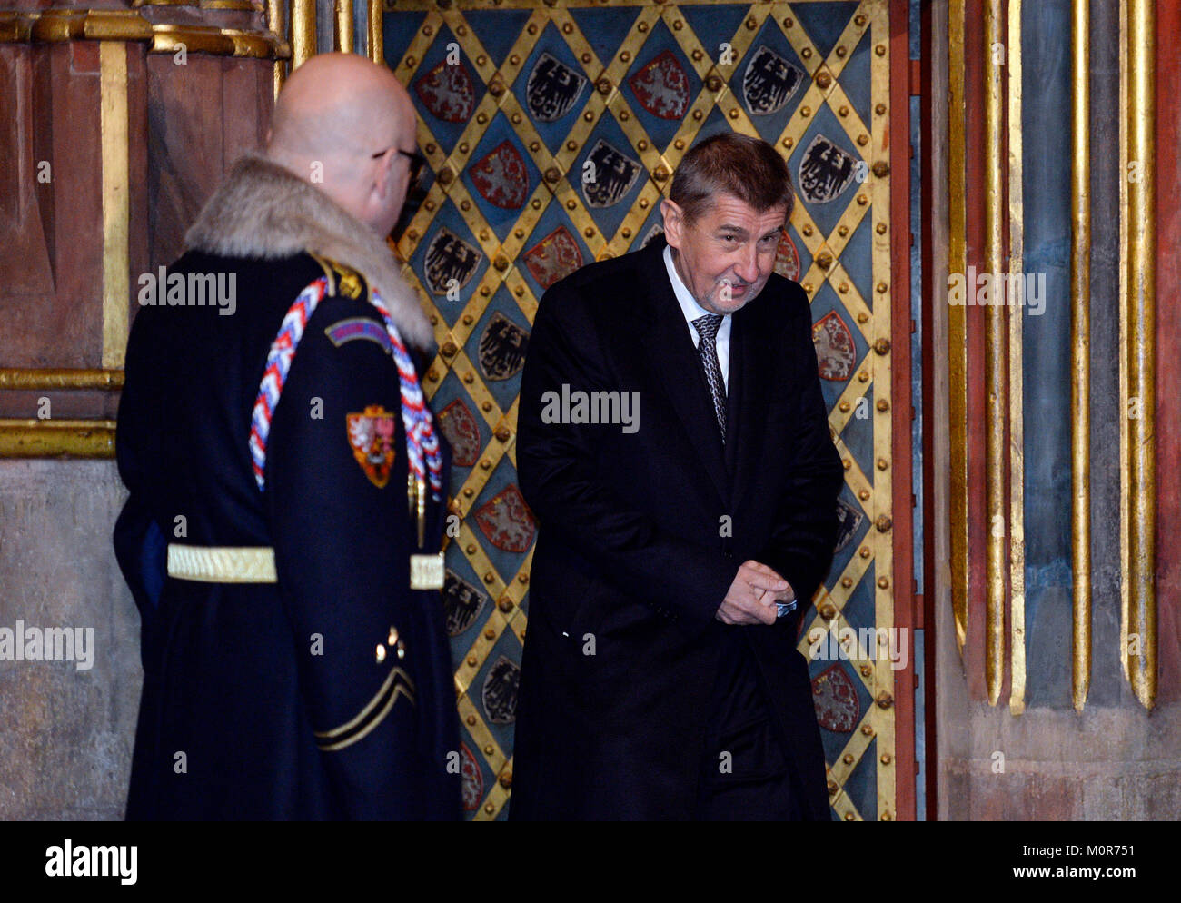 Prague, Czech Republic. 24th Jan, 2018. Czech Prime Minister Andrej Babis (right) and other key holders unlock Crown Chamber to return crown jewels there after their display, in Prague, Czech Republic, on Wednesday, January 24, 2018. Some 32,300 people came to see the crown jewels that were displayed in the Vladislav Hall of the Old Royal Palace of the Prague Castle, the seat of Czech kings and presidents. Credit: Katerina Sulova/CTK Photo/Alamy Live News Stock Photo