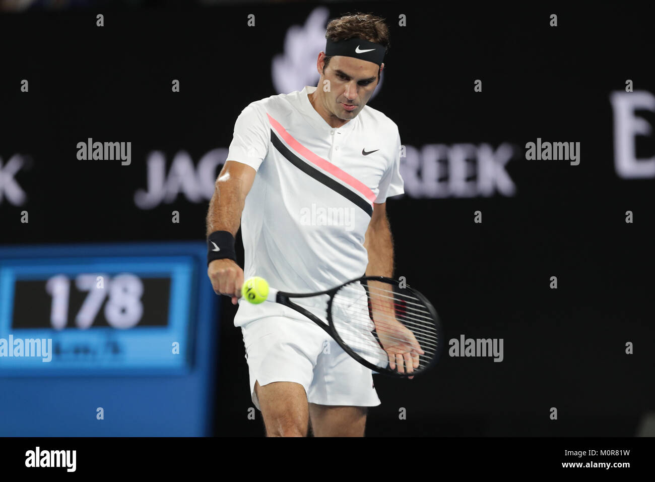 Melbourne, AustraliaSwiss tennis player Roger Federer is in action during his 1/4 final match at the Australian Open vs Czech tennis player Tomas Berdych on Jan 24, 2018 in Melbourne, Australia - ©Yan Lerval/Alamy Live News Stock Photo