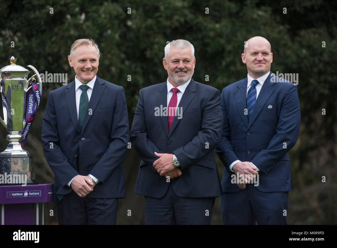 London, UK. 24th Jan, 2018. Ireland's Joe Schmidt, Wales' Warren Gatland and Scotland's Gregor Townsend at the Natwest Six Nations rugby tournament launch at the Hilton Syon Park in London. Credit: Phil Rees/Alamy Live News Stock Photo