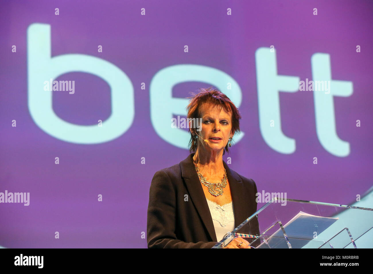 London, UK. 24th January, 2018. Anne Milton, Minister of State at the Department of Education speaks at the technology in Education exhibition, BETT. Stock Photo