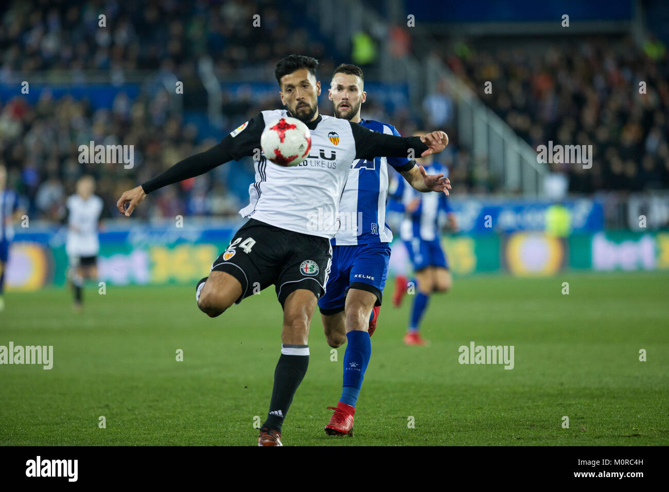 Vitoria, Spain. 24th Jan, 2018. (24) Ezequiel Garay, (17) Alfonso Pedraza during the Spanish Copa del Rey 2017-2018 soccer match between Alaves and Valencia C.F, at Mendizorroza stadium, in Vitoria, northern Spain, Wednesday, January, 24, 2018. Credit: Gtres Información más Comuniación on line, S.L./Alamy Live News Stock Photo