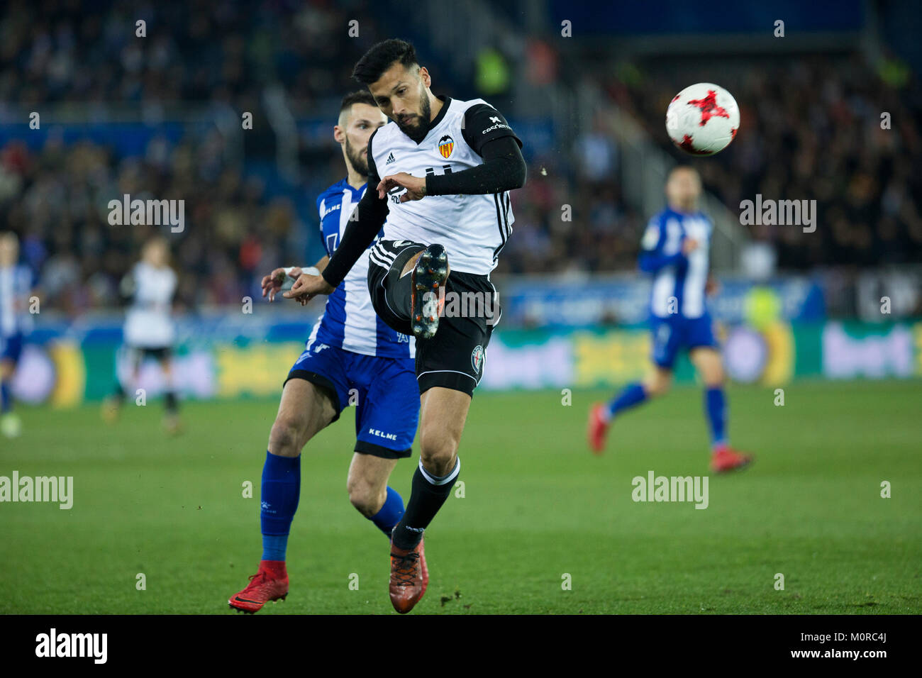 Vitoria, Spain. 24th Jan, 2018. (24) Ezequiel Garay, (17) Alfonso Pedraza during the Spanish Copa del Rey 2017-2018 soccer match between Alaves and Valencia C.F, at Mendizorroza stadium, in Vitoria, northern Spain, Wednesday, January, 24, 2018. Credit: Gtres Información más Comuniación on line, S.L./Alamy Live News Stock Photo