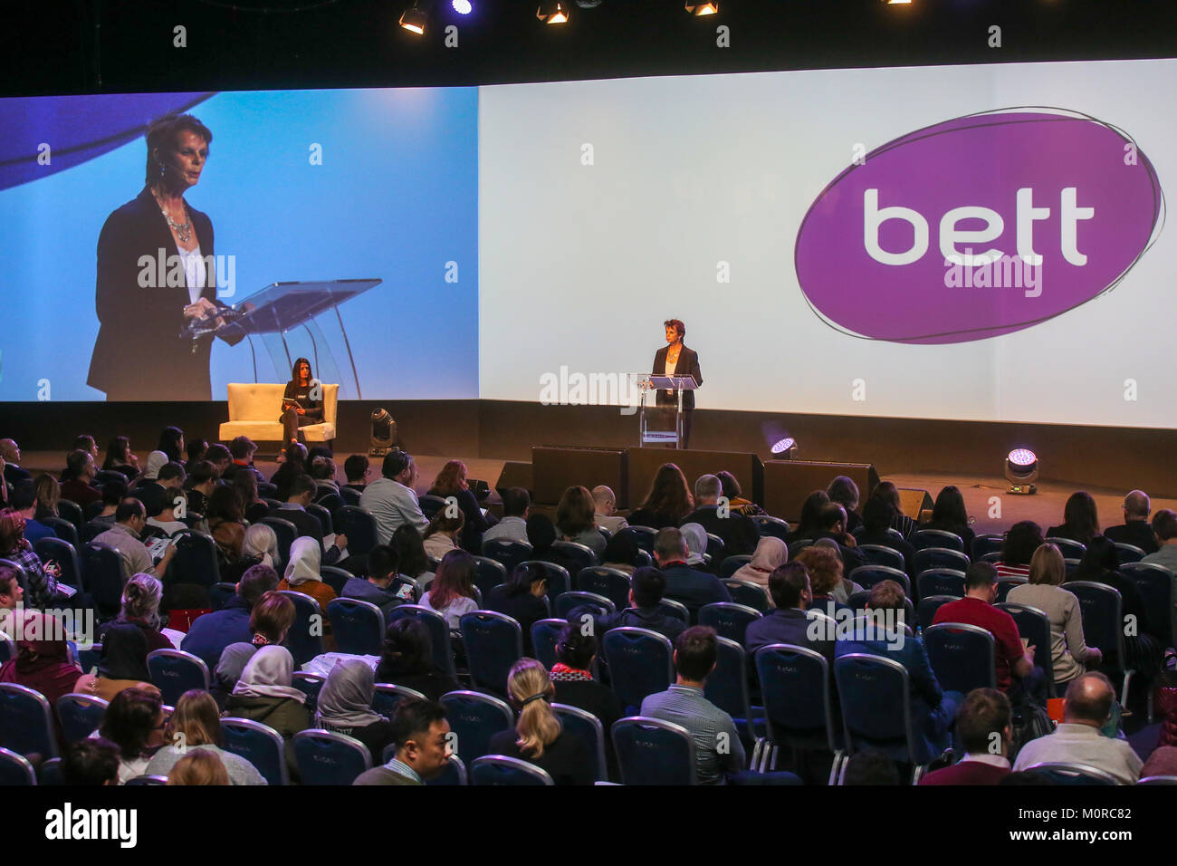 London, UK. 24th Jan, 2018. On the opening day of BETT at Excel, Anne  Milton, Minister of State at the Department of Education, addresses an  audience of educators at the technology in