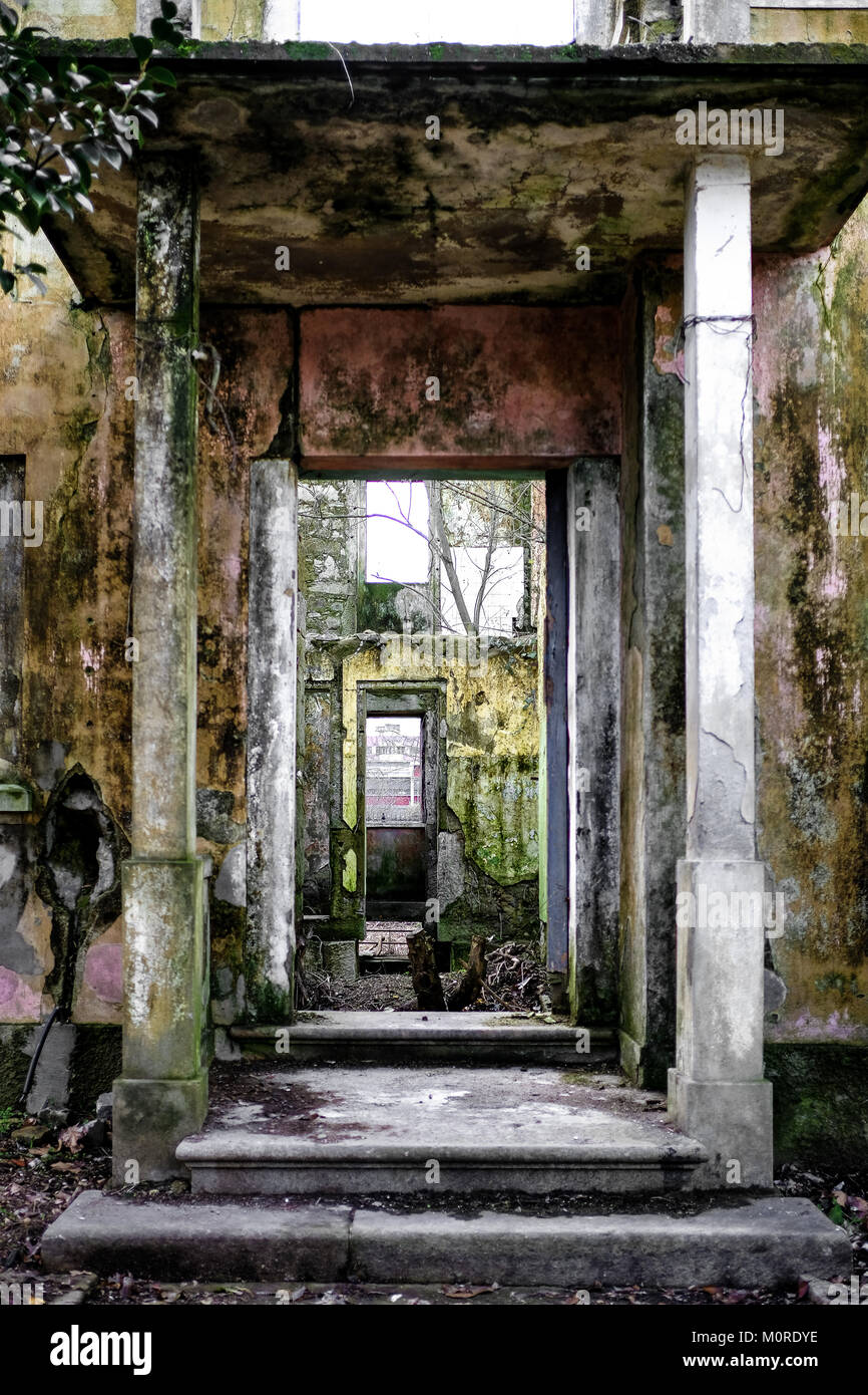 abandoned house in ruins, view from the the front door Stock Photo