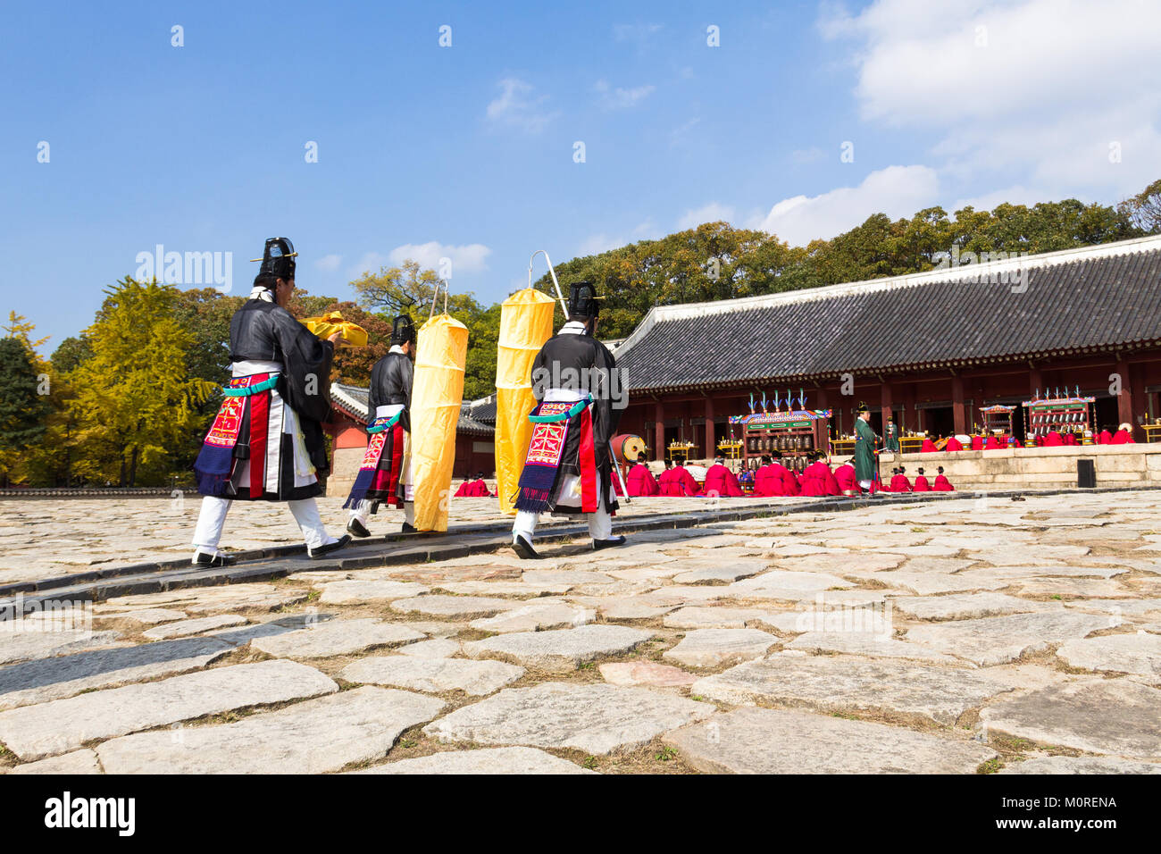 1 November 2014, Seoul, South Korea: Jerye ceremony held twice per year in Jongmyo Shrine to worship the Confucian tablets of the 19 emperors enshrine Stock Photo