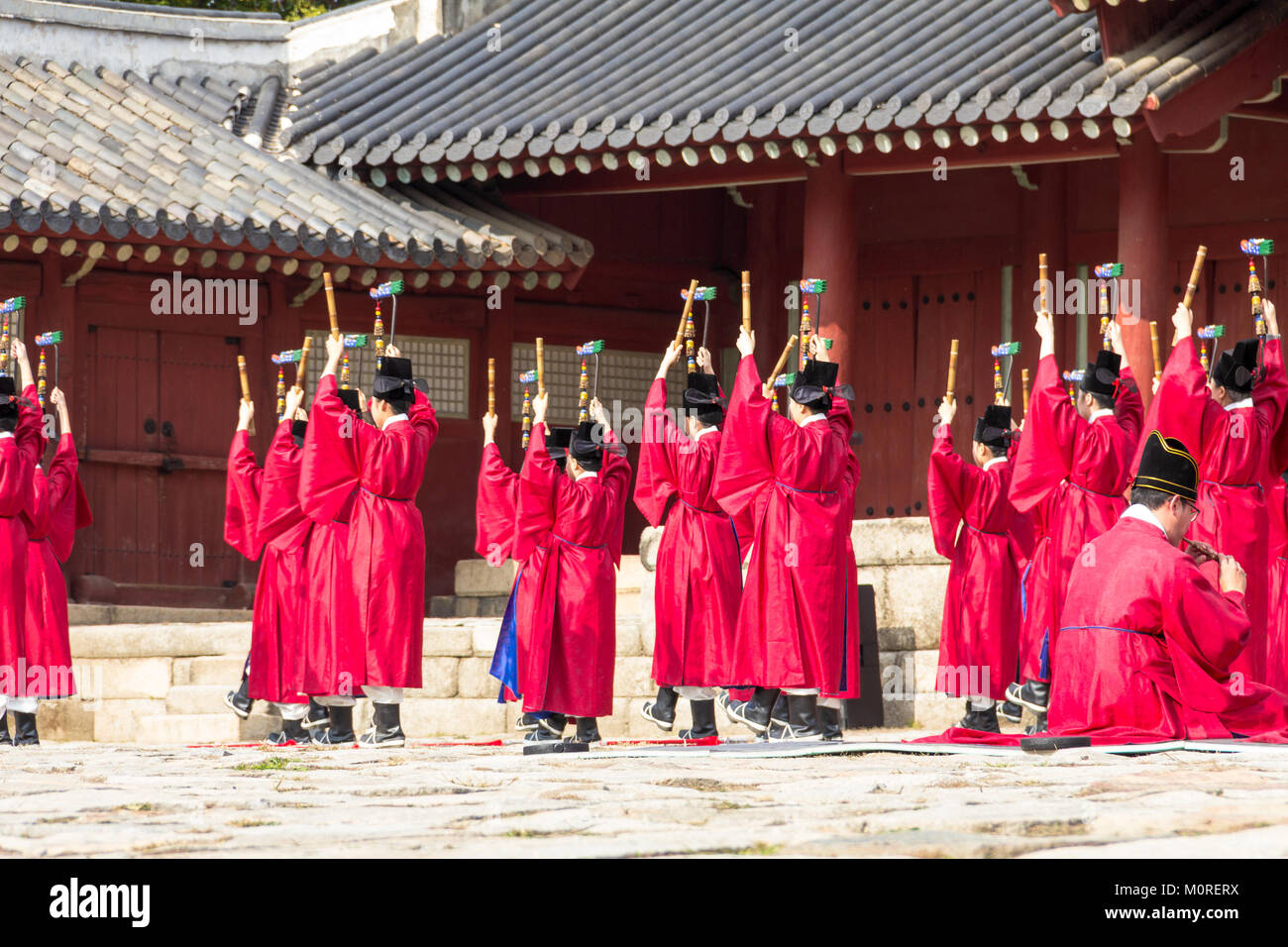 1 November 2014, Seoul, South Korea: Jerye ceremony held twice per year in Jongmyo Shrine to worship the Confucian tablets of the 19 emperors enshrine Stock Photo