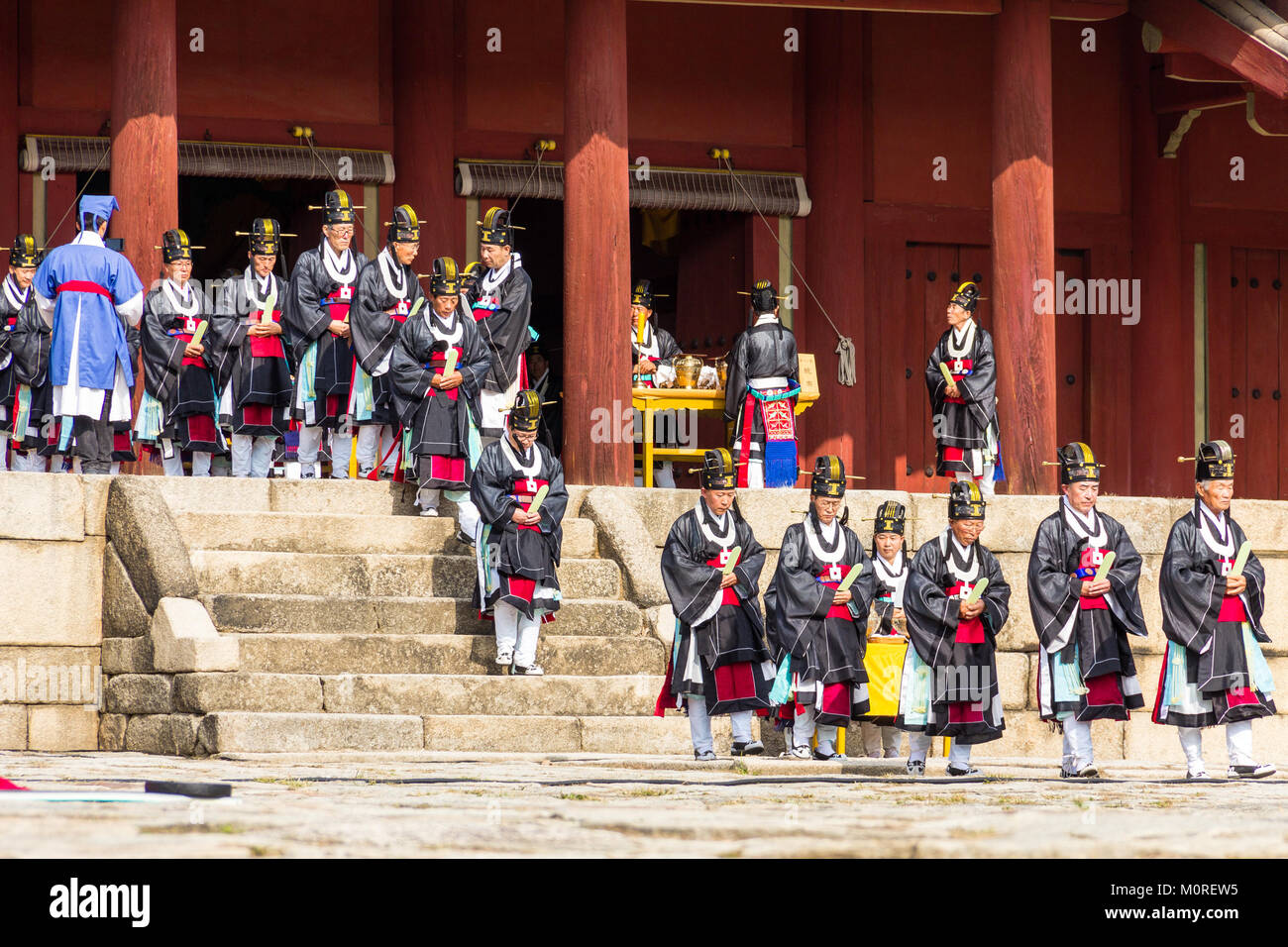 1 November 2014, Seoul, South Korea: Jerye ceremony held twice per year in Jongmyo Shrine to worship the Confucian tablets of the 19 emperors enshrine Stock Photo