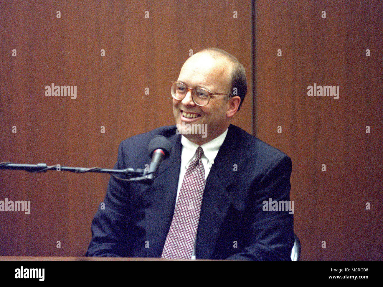 Chicago trademark lawyer Mark Partridge testifies concerning notes he made and copyrighted about his encounter with murder defendant O.J. Simpson who sat next to him on the return flight from Chicago to Los Angeles after the defendant learned of his ex-wife's murder during Simpson's trial for the murder of his former wife, Nicole Brown Simpson and a friend of hers, restaurant waiter, Ron Goldman in Los Angeles County Superior Court in Los Angeles, California on July 13, 1995. Credit: Steve Grayson / Pool via CNP /MediaPunch Stock Photo